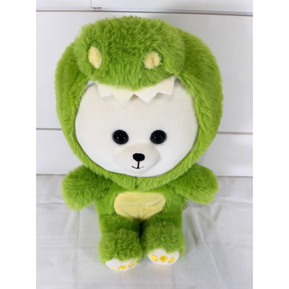 Kelly Toy White Teddy Bear Dressed In Green Dinosaur Costume Plush 12.5"
